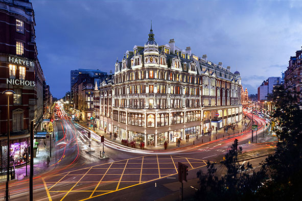 Knightsbridge at twilight, Harvey Nichols and historic corner architecture