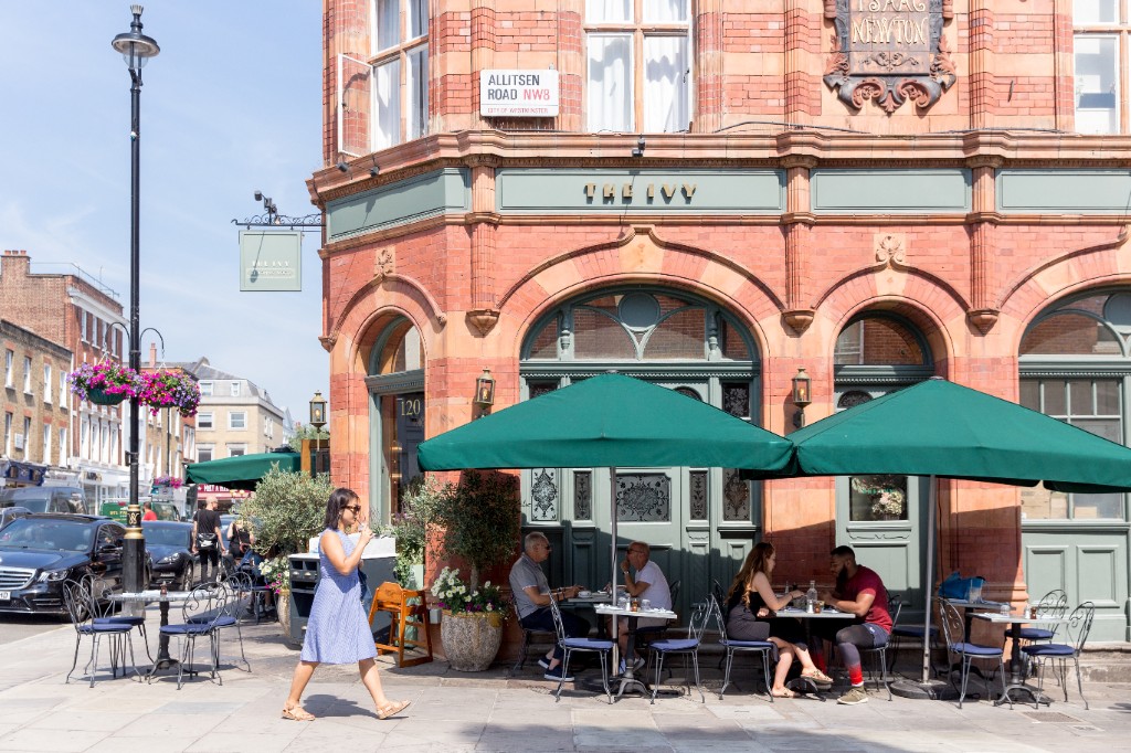 St John's Wood, The Ivy on Allitsen Road with outdoor dining and red-brick architecture