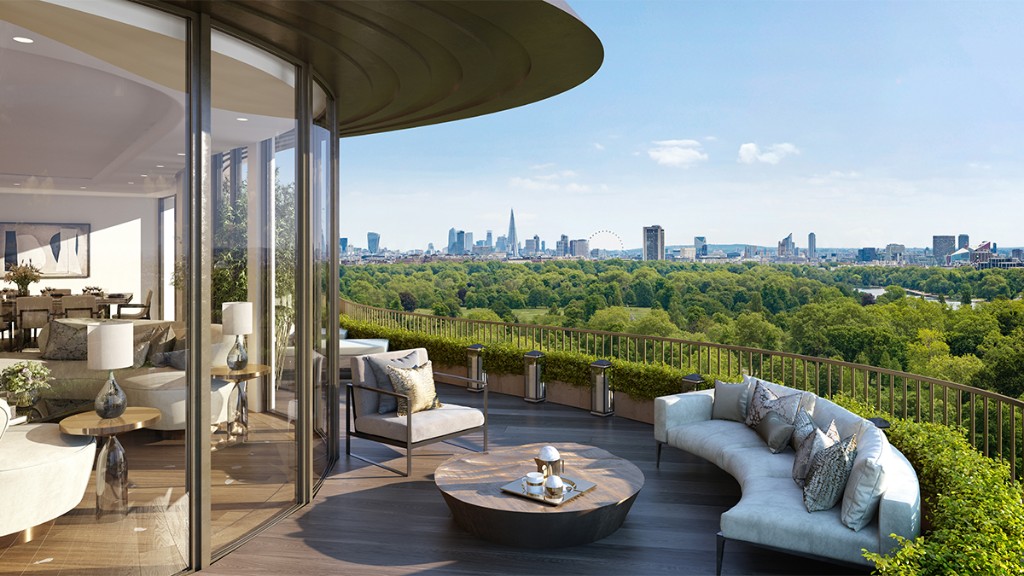 Hyde Park penthouse terrace with panoramic park and London skyline views